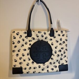 NWT Tory Burch 160932 Nylon Ella Printed Tote Black Scatter Daisy Floral Bag